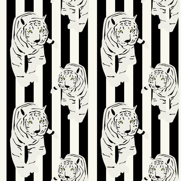  white tiger on a striped background, fashion design, seamless pattern. monochrome, black and white