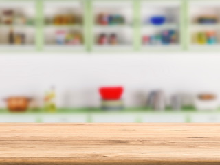 wooden counter top with kitchen cabinet background