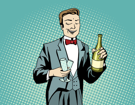 Pop art waiter with champagne and wineglasses at work.
