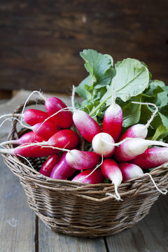Bunches of fresh radishes in a wicker basket on a wooden table