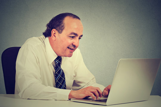 Handsome happy middle aged businessman working with laptop in office
