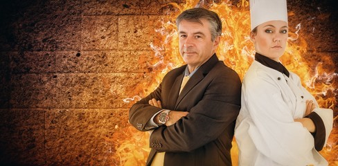 Composite image of portrait of chef and businessman back to back