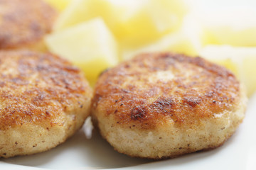 prepared fried fish cakes with boiled potatoes, shallow focus