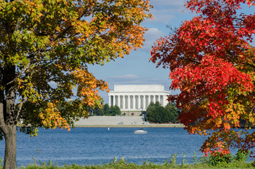 Washington DC in Autumn - Lincoln Memorial among the fall trees.