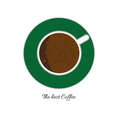 Top view of a white cup of hot brown coffee with foam and bubbles with hearts on a green plate, in outline, over a white background, digital vector image