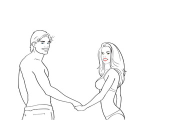 Couple In Swimwear Hold Hands, Man Woman Sketch