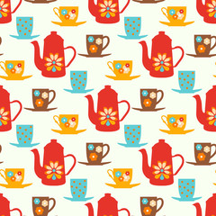 Plakaty  Vintage wektor wzór z czajniki, kubki do herbaty i filiżanki do kawy