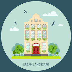 Residential house with a garden. Detailed house icon. Vector illustration of a house facade view. European home in flat style. Landscape with a house, trees and flying birds. Urban landscape icon. 
