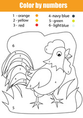 Coloring page with rooster. Color by numbers
