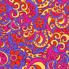 Bright seamless pattern in doodle style, colored in pink, blue, red and yellow colors. Hand-drawn elegant vector ornament.