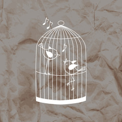 Two cute birds in a cage on a kraft paper background.