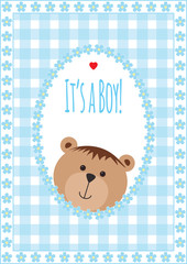 Greeting card with bears and flowers. Vector illustration. Baby boy arrival announcement card, shower card