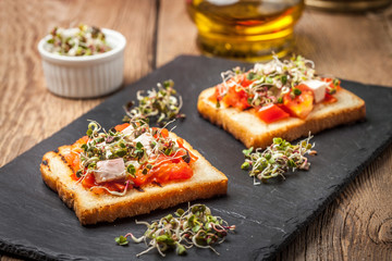 Grilled toasted bread with roasted tomatoes, feta cheese and radish sprouts.