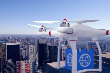 Composite image of a drone bringing a blue cube