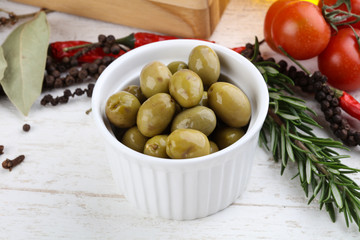 Green olives in the bowl