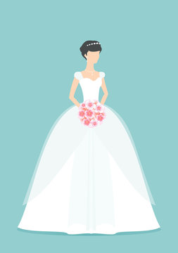 Beautiful Bride holding a flower bouquet. Princess silhouette with shadow. Female White wedding dress on mannequin isolated on Green background. Vector