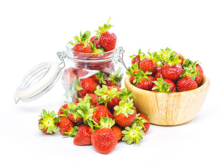 fresh whole strawberries in wooden bowl