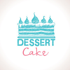 Cake with cream. Dessert vector logo template. Big cakes with fillings and wedding cakes. Logo confectionery, coffee shop.
