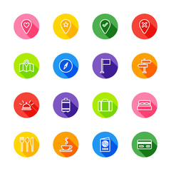 white line travel icon set on colorful circle with shadow for web design, user interface (UI), infographic and mobile application (apps)