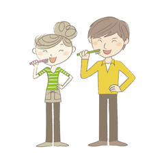 一緒に歯磨きをする夫婦、カップル