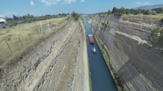 Corinth Canal with ship and boat