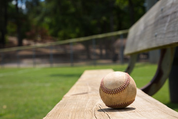 Baseball on a bench in a little league field