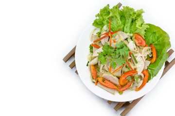 Thai cuisine spicy pork salad on white background or Yum Moo Yor