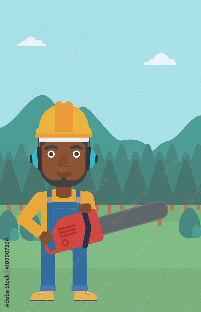 Wall mural lumberjack with chainsaw.