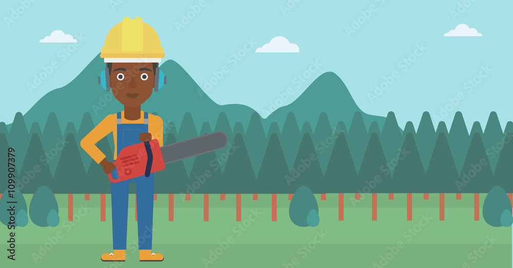 Wall mural lumberjack with chainsaw.