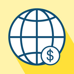 Globe Dollar icon. EPS 10 vector illustration for design. Economy icon on yellow background. Economy icon with Long Shadow. All in a single layer. Vector illustration. Elements for design.