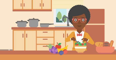 Woman cooking vegetable salad.