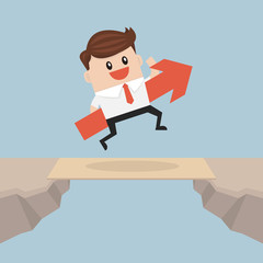 Businessman running and hold red arrow. Flat design