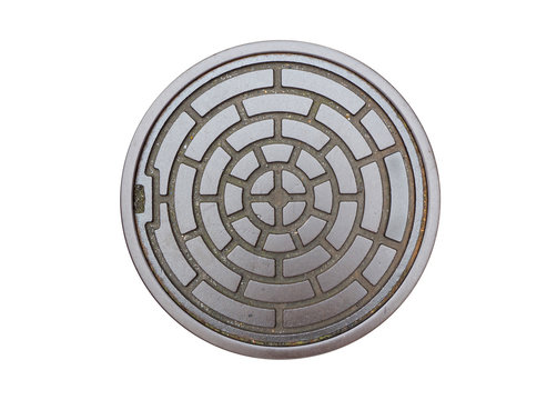 Circle steel manhole cover or drain lid isolated on white backgr