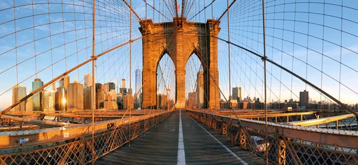 Afwasbaar Fotobehang Brooklyn Bridge De brugpanorama van Brooklyn in New York, Lower Manhattan