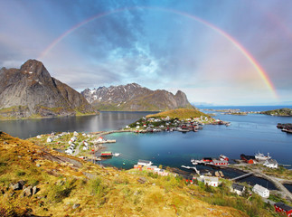  Reine by fjord on Lofoten islands in Norway