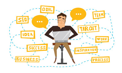 Businessman working with laptop. Vector illustration.