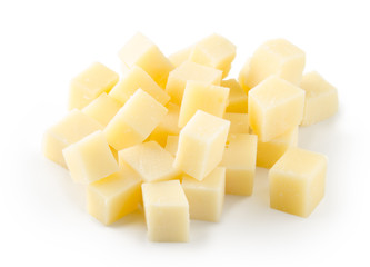 Parmesan cheese cubes on a white background with clipping path. Top view.