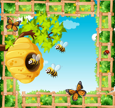 Scene with bees flying around beehive