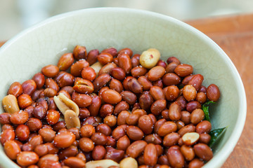 Deep fried peanuts in bowl.