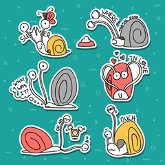 Set of 6 snails doodle handmade. Snail with emotions. Sketch snail. Design elements with animals. Snail for design. Shellfish doodle. Doodle sketch. Doddle character. Cute snail . Summer doodle