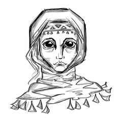 Portrait of a young beautiful ancient Russian Slavic girl with big eyes and blond hair in a scarf or hood. The stylized image of the style - a sketch or doodle. Cartoon character.