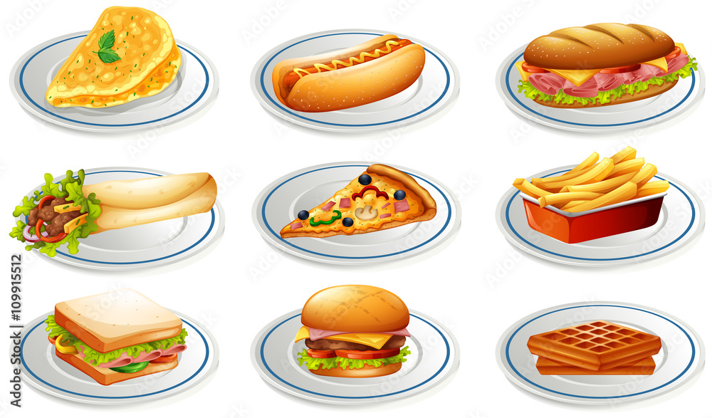 Poster set of fastfood on plates