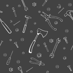 Seamless two color pattern of building tools. Hammer, nail puller, pliers, screws, nails, nuts, bolts, wrenches. Construction tools for construction and repair. Vector hand drawn backdrop.