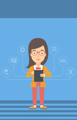 Woman holding tablet computer.