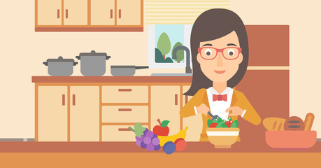 Woman cooking vegetable salad.