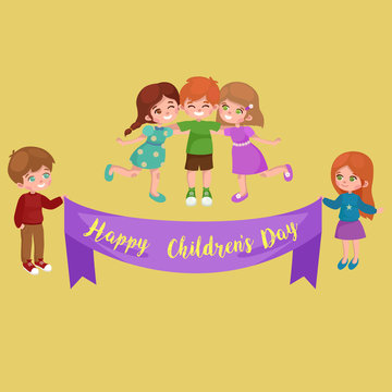 Vector illustration kids playing, greeting card happy childrens day background