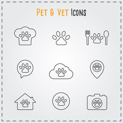 Pets icons set for vet, pet shop, pet house and pet clinic.Outline web icon set. Thin lines icon design.