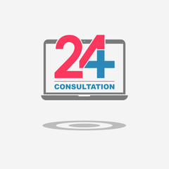 Twenty four available online medical consultation. Laptop. Flat trendy modern vector illustration