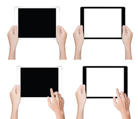 close up hand holding tablet isolated white clipping path inside