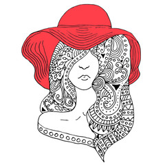 young pretty girl with doodle hairs wearing red hat. Fashion illustration. Uncolored image can be used as adult coloring book, coloring page, invitation, greeting card.